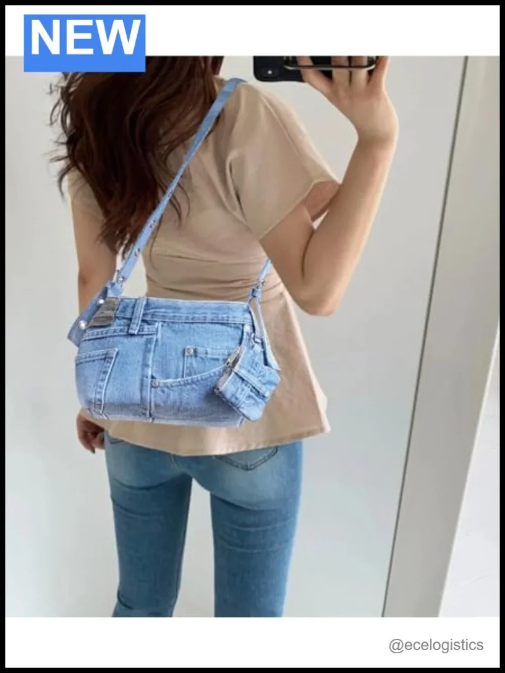 Upcycled Denim Shoulder Bag with Belt Buckle Detail, Adjustable Crossbody Purse
